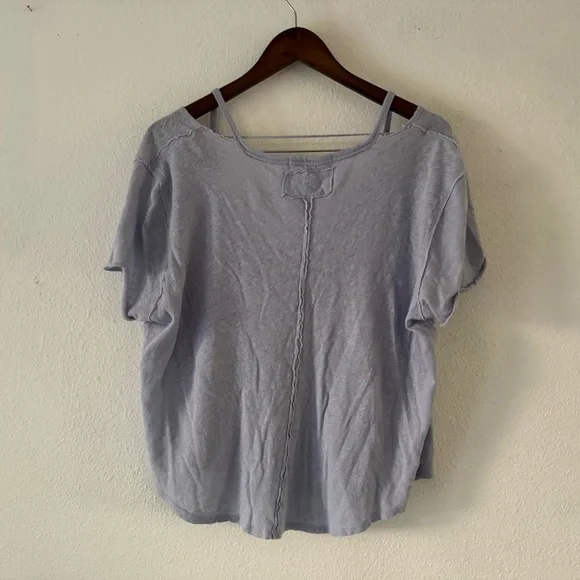 Free People Oversized Over U Tee NEW Medium Blue Moon Linen Blend Grunge Cropped - Picture 11 of 12